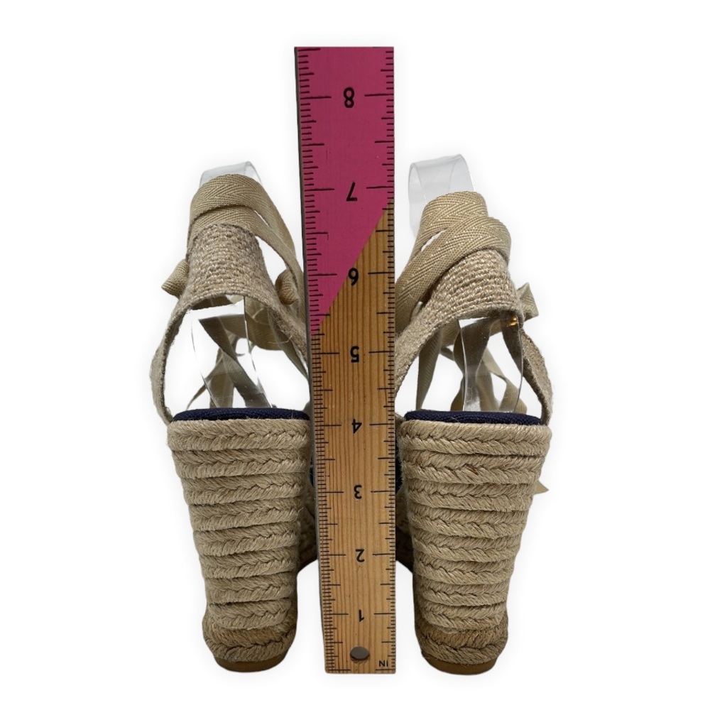 Tory Burch Wrap Ankle Wedge Espadrilles Lace Toe Navy Blue Tan_10.5 - Picture 4 of 6